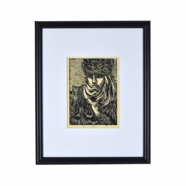 Vintage 1970’s Woodblock Print Young Man Bundled Against the Cold signed #’d 