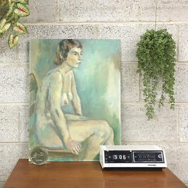 Vintage Nude Painting 1980s Retro Size 24x18 Brunette Naked Woman Sitting Portrait + Acrylic Paint on Canvas Board + Green Blue Wall Art 