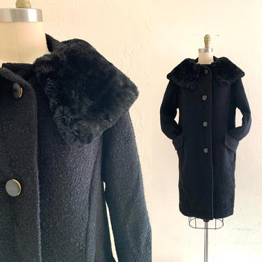 vintage 60's black wool coat with large faux fur collar 