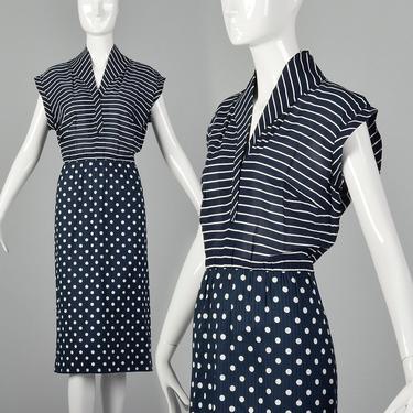 Large Lanvin 1970s Dress  Vintage Summer Day Dress 70s Designer Dress Polka Dot Dress Striped Dress Navy Blue 