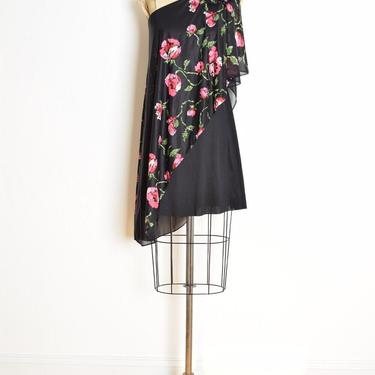 vintage 70s dress black pink one shoulder draped floral print disco mini S 