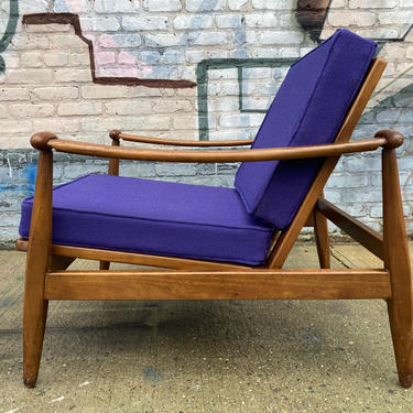 Vintage mid century Danish modern low lounge chair solid wood beautiful condition amazing new upholstery style of Finn Juhl 