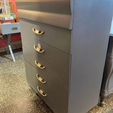 Gray painted mid century chest of drawers by Johnson carper 34” x 19” x 46”