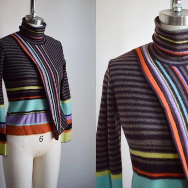 Vintage 1990s Kenzo Striped Knit Top | XS | 90s Colorful Wool Knit Turtleneck Sweater with Long Bell Sleeves | Kenzo Jungle 