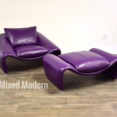 Chateau D'ax Italian Purple Leather Lounge Chair and Ottoman 