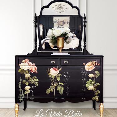 Fabulous Vintage Dresser with Cheval Mirror, Black, Chest, Flowers. 