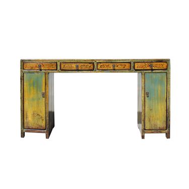 Chinese Distressed Blue Mustard Yellow 4 Drawers Console Altar Table cs5759S