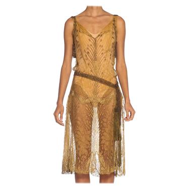 1920S Gold Silk Lace Flapper Cocktail Dress With Tasseled Belt 