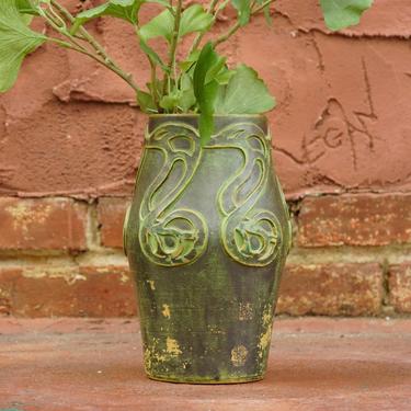 Vintage Danish Skønvirke Stoneware Vase, Hand Sculpted Pottery, Rustic Green Vase, Nouveau Style Raised Design, BC Copenhagen 