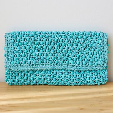 Vintage 1960s Mod Beaded Raffia Clutch - Turquoise Blue Summer Vacation Clutch Purse Made in Italy 