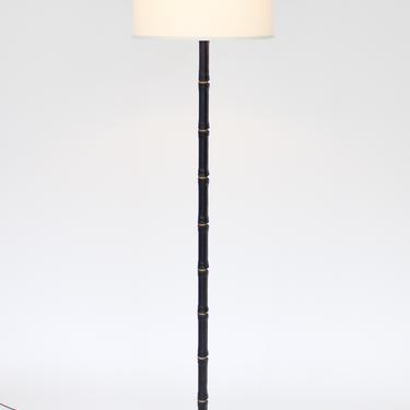 Jacques Adnet Black Leather and Brass French Floor Lamp