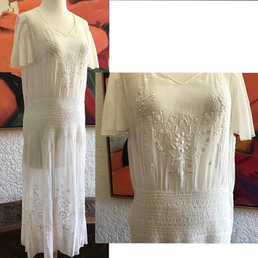 Dreamy 1920's Hand Embroidered White Summer Dress Hand smocking vintage wedding dress Size Medium 