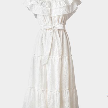 1970s Style White Eyelet Cotton Off-Shoulder Prairie Maxi Dress