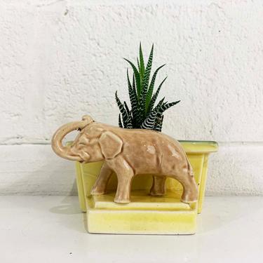 Vintage Elephant Planter Cute Yellow Brown Green Trunk Up Good Luck Kitsch Kitschy Nursery Decor Baby 1960s 60s Made in Japan 
