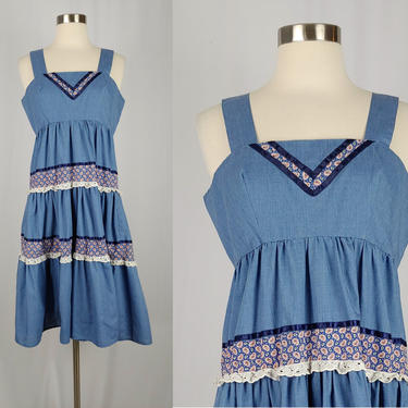 Vintage Seventies Dress - 1970s Handmade Denim Peasant Dress - 70s Boho Tiered Chambray Dress - Small 
