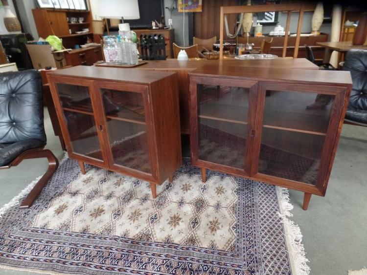 Pair of Danish Modern rosewood cabinets with glass doors by HG Mobler
