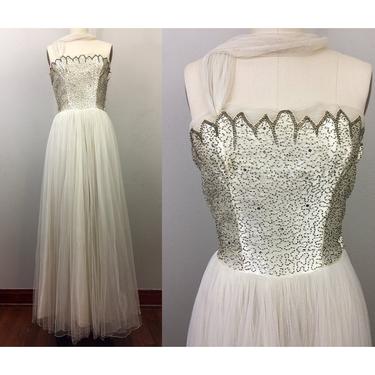Vintage 50s Strapless Ballgown Evening Dress Cream Satin Beaded Mesh White Wedding S 