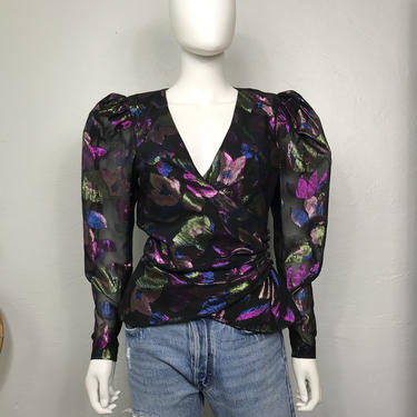 Vtg 80s floral metallic avant garde puff sleeve dress shirt top SM 