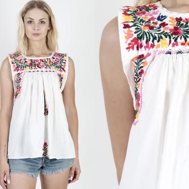 White Oaxacan Tunic Crochet Oaxacan Top Cotton Mexican Top Mexican Tunic Vintage 70s Bright Floral Embroidered Womens Tank Top 