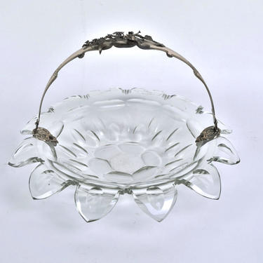 Circa 1845 Dutch Cut Crystal Bowl Silver Handle w Raised Floral Decoration 