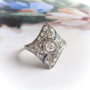 Art Deco Cocktail Ring Vintage .64ctw. Diamond Sapphire Navette Ring Platinum 