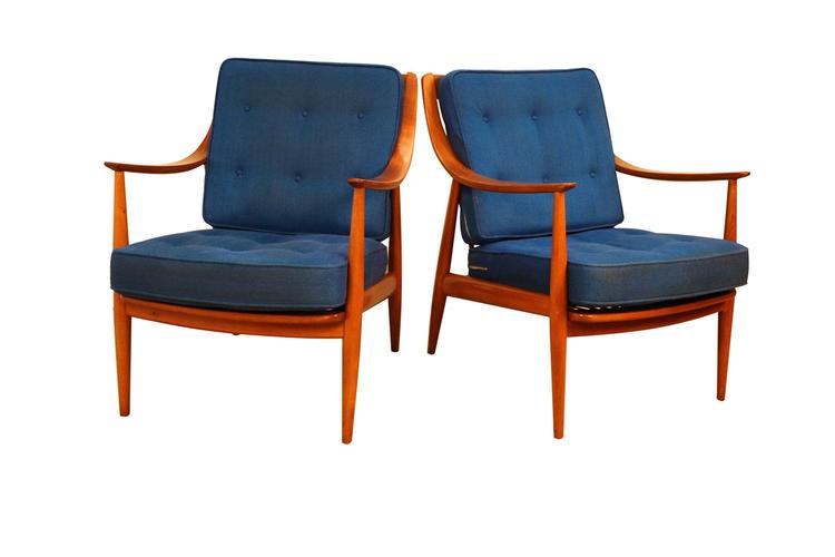 Pair Danish Mid Century Peter Hvidt and Orla Molgaard Nielsen For France and Daverkosen Lounge Chairs 