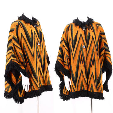 60s chevron stripe poncho / vintage 1960s bold print fringed cape poncho coat One Size 