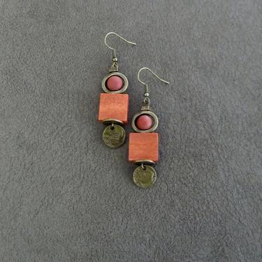Wooden earrings, small agate earrings, ethnic dangle earrings, mid century modern earrings, antique bronze earrings, unique earrings, orange 