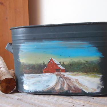 Vintage painted canning boiler / red barn farmhouse kindling firewood holder box /  metal boiler pot / metal bin / large galvanized tub 