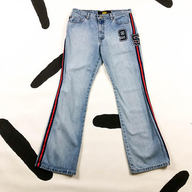 90s Todd Oldham Jeans Light Wash Denim Racing Stripe Flares / 95 / Sporty / Size 11 / Mid Rise / SATC / The Nanny / Bell Bottoms / Large 