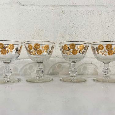 Vintage Coupe Glass Sorbet Dessert Dish Glasses Stemmed Set of Four Champagne Gold Flowers 1960s 60s Holiday Party Drinks Floral Flower 