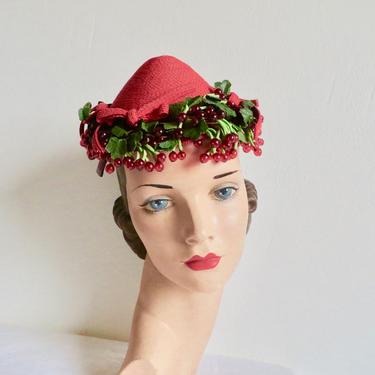 Vintage 1950's Red Straw Cone Shape Small Hat Lucite Berries Cloth Stems Leaves Rockabilly 50's Millinery Chumley Charles Berg Portland 
