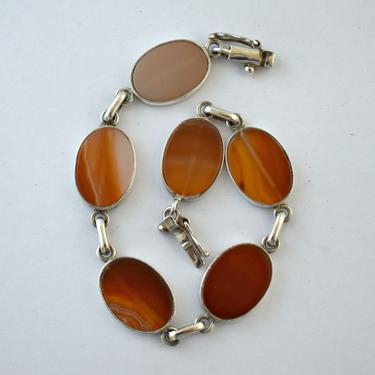 60's carnelian agate sterling links hip modern bracelet, handsome simple orange chalcedony ovals 925 silver mid-century box clasp bracelet 