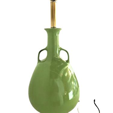 Modern Amphora Shaped 1950s Green Ceramic Table Lamp w. Handles
