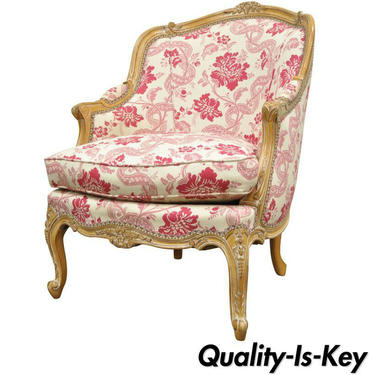 20th C. Fine Floral Carved French Louis XV Style Pink Bergere Lounge Arm Chair