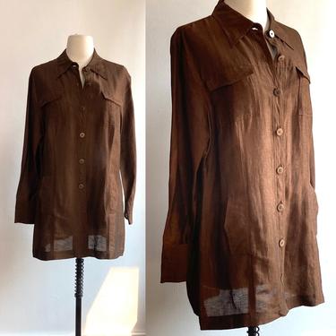 Chic Vintage 70's LINEN SAFARI Blouse Tunic / From SAKS Folio Collection / Pockets 