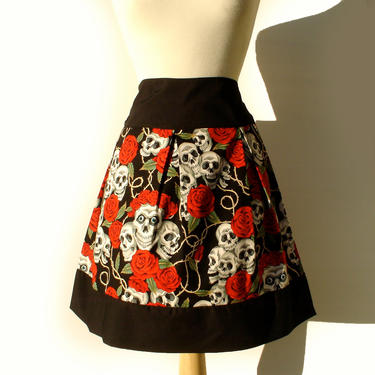 Black Skulls and Roses Tattoo Skirt - Day of the Dead Pin Up Skirt 