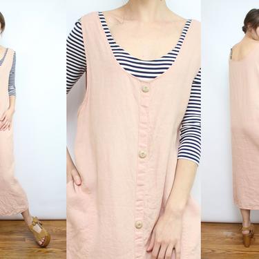 Vintage 90's Pale Pink Linen FLAX Minimalist Dress / 1990's FLAX by Angelheart Dress / Pockets / Women's Size Medium - Large - XL by Ru