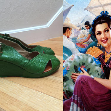 South of the Border - Vintage 1940s Style Green Leather Mexican Wedge Platform Embossed Shoes Heels Sandals - 8/8.5 