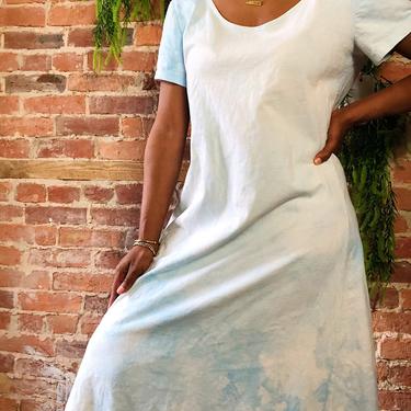 Vintage 1990s 2000s Y2K Tie Dye Blue Maxi Long Cotton Short Sleeve Summer Day T-shirt Dress Blue Fitted Beach Cover Up Bohemian Fair Trade 