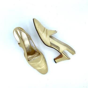 Vintage 1960s Mod Gold Slingback Shoes, Formal Metallic Fabric High Heels with Rhinestones, Size 8 AA USA 