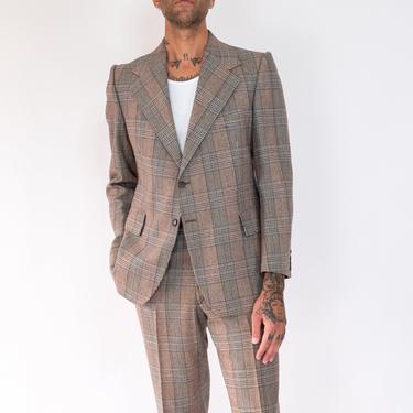 Vintage 70s Yves Saint Laurent Brown Tartan Plaid Two Button Suit | Made in France | 100% Wool | 1970s YSL Designer Mens Flare Leg Wool Suit 