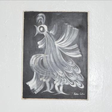 Modernist Artist Gustavo Martinez Fancy ROOSTER Oil Painting signed 1970s Mexico 