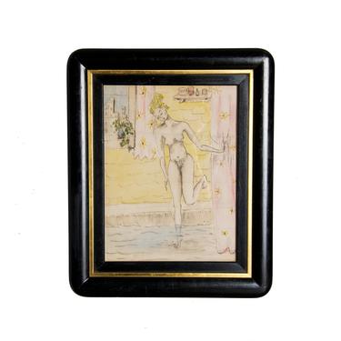 Antique French Parisian Art Deco Watercolor Nude Illustration. Art Print. Drawing. Mixed Media. Fashion Illustration. 