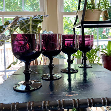4 Vintage Carlo Moretti, Amethyst Purple Glass, Wine Cocktail or Water Goblets - Glassware Stemware Set, Moody Bar Cart, Italy 