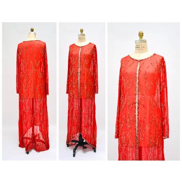 90s 2000s y2k Vintage Red Beaded Long Silk Duster Jacket Top Large XL // 90s Silk Red Beaded Sheer Long Sleeve Top Jacket Coverup Large XL 