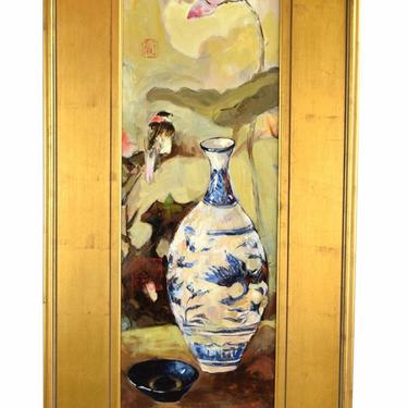 Chinese Still Life Oil Painting Bird with Blue &amp; White Vase Teacup 