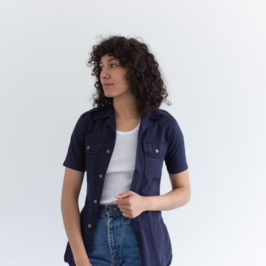 Vintage True Blue Short Sleeve Shirt | Overdye Simple Blouse | Cotton Work Shirt | XXS XS | 