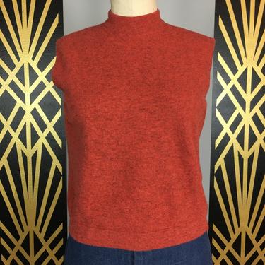 1960s sweater, sleeveless, orange wool, vintage sweater, mock neck, medium large, mrs maisel style, Glasgo ltd, 38 40, Angora, cropped, knit 