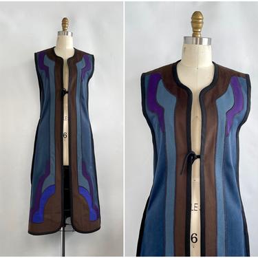G GIRVIN Vintage 70s Colorblock Applique Long Vest | 1970s Gretchen Clancy Patchwork Coat Duster | Wearable Art, Boho, Hippie | Size Medium by lovestreetsf